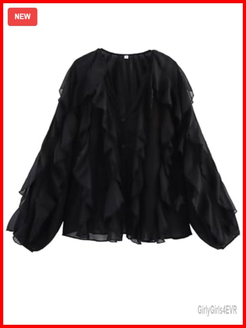Ruffled Chiffon Button Down Blouse Long Sleeve V Neck Loose Fit Women's Top